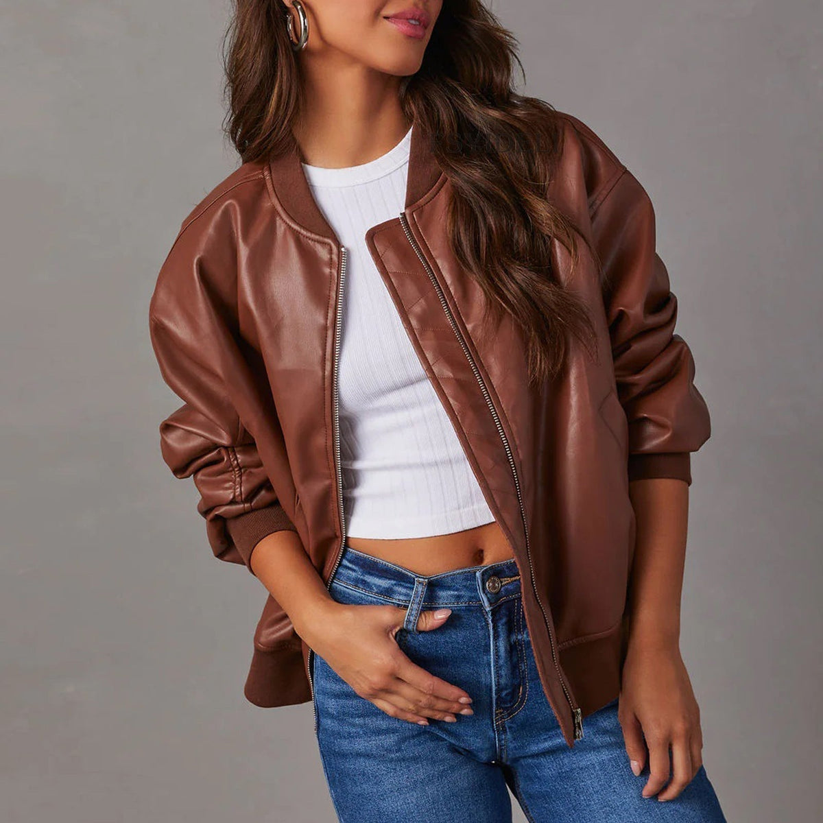 Women's bomber jacket with mock neck, zip front, ribbed trims and front pockets