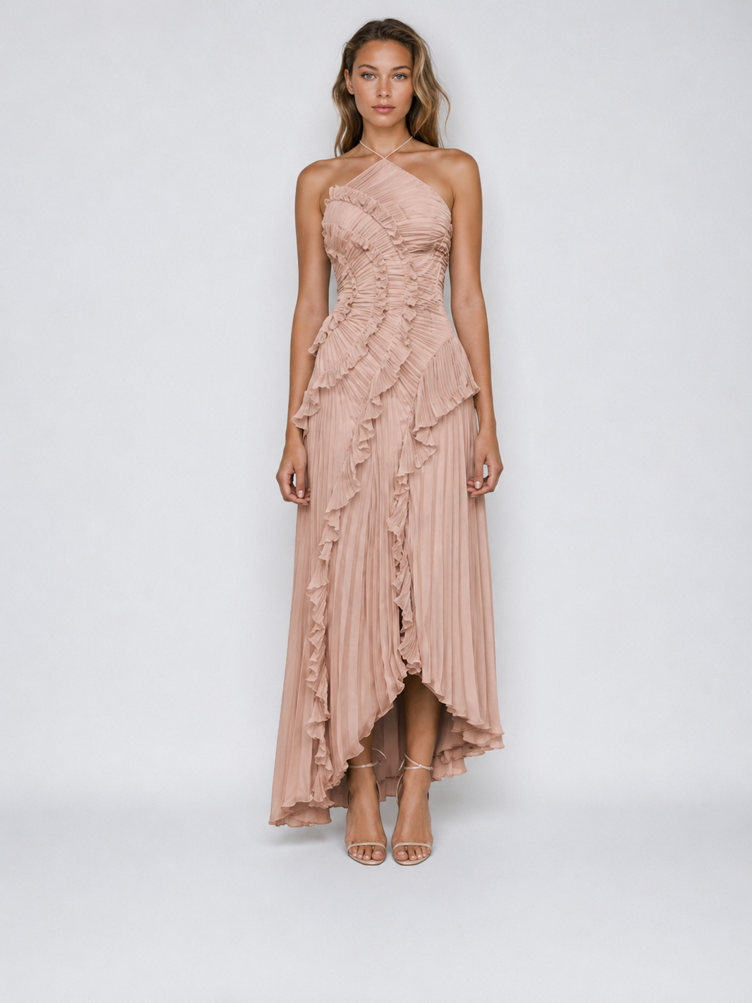 Women's Maxi Dress Pleated Ruffle Halter Neck