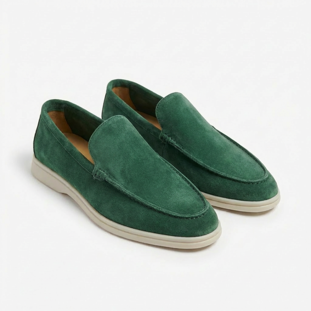 Men's slip-on loafers with stitched moc-toe detailing and contrasting soles