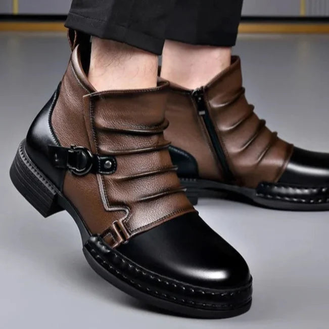 Men's two-tone ankle boots with buckle straps, side zips and rounded toes