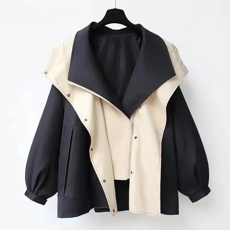 Women's colour block jacket with wide collar, long sleeves and front pockets