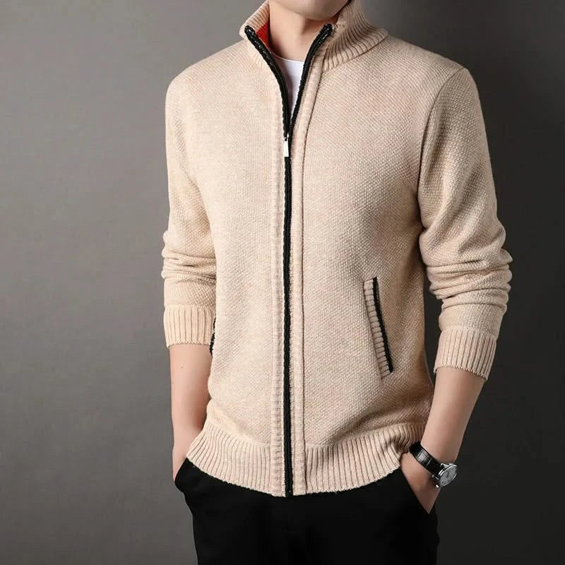 Men's textured knit jacket with mock neck, zip front and side pockets