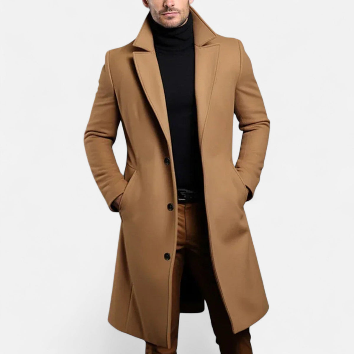 Men's long overcoat with lapels, button front and side pockets
