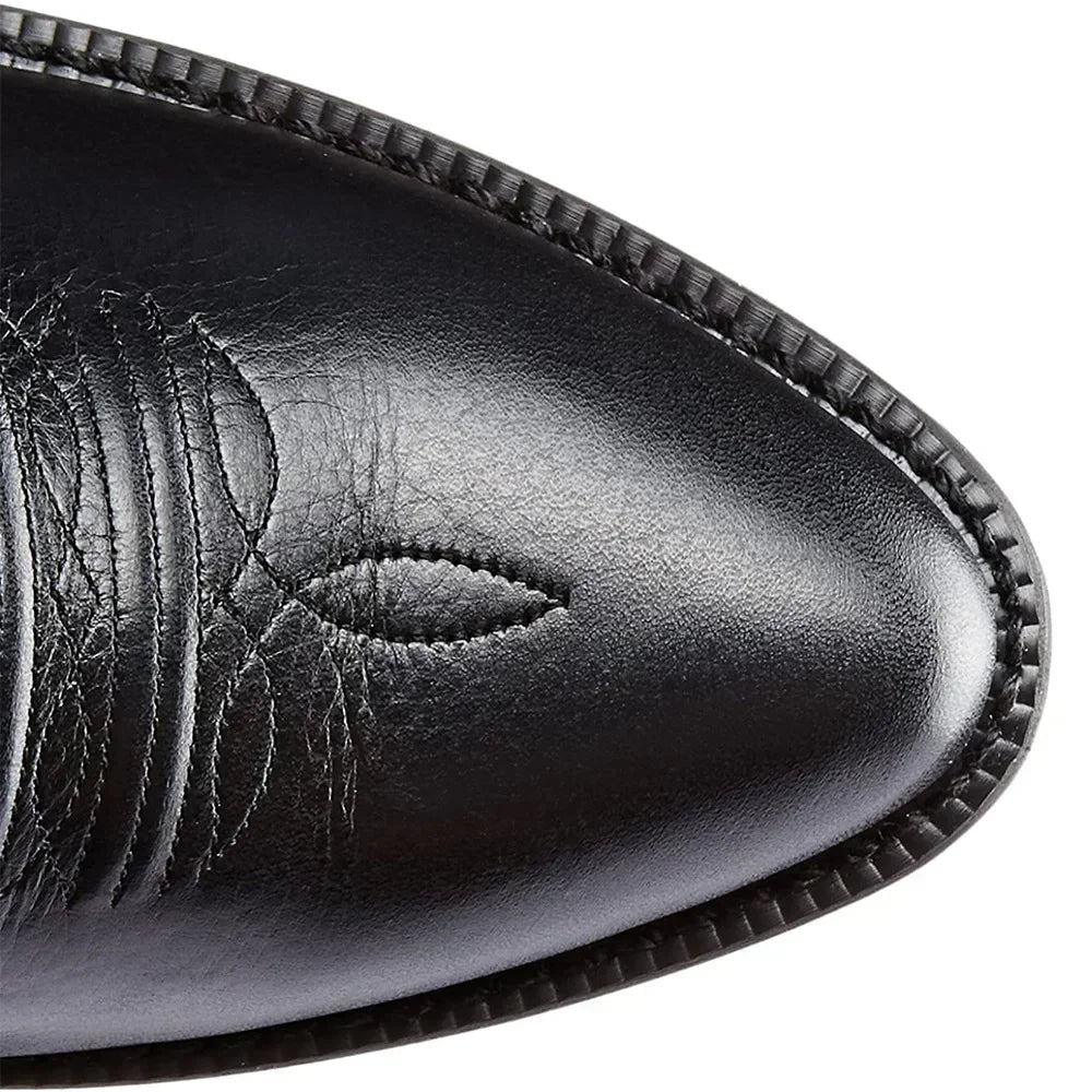 Men's tall cowboy boots with embroidered shafts, pointed toes and low heels