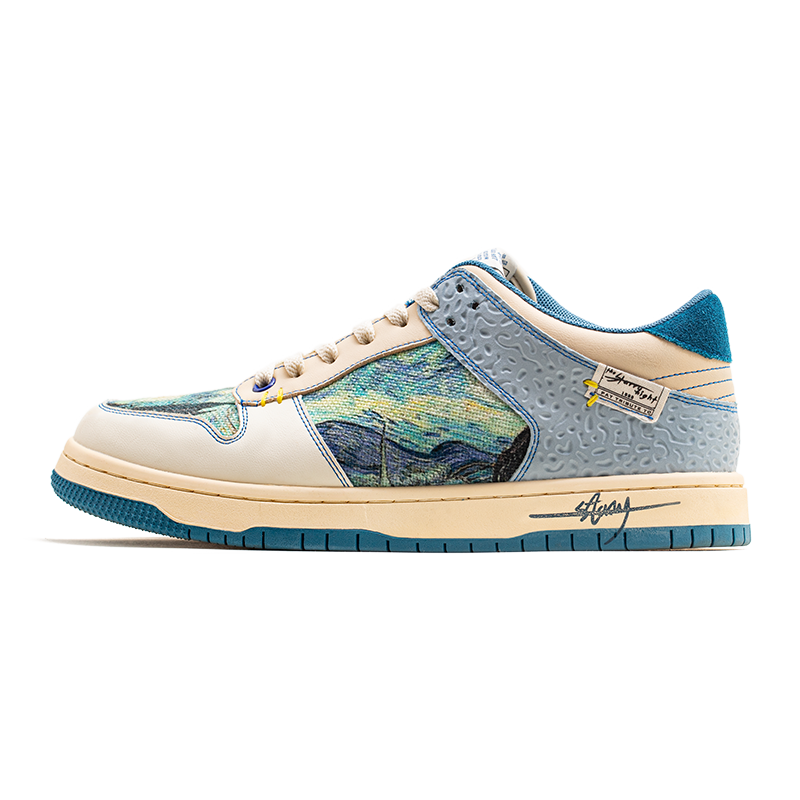 Unisex lace-up sneakers with multicoloured landscape artwork and blue soles