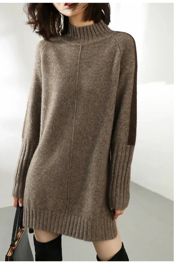 Women's long-sleeved turtleneck sweater mini dress with ribbed cuffs and hem