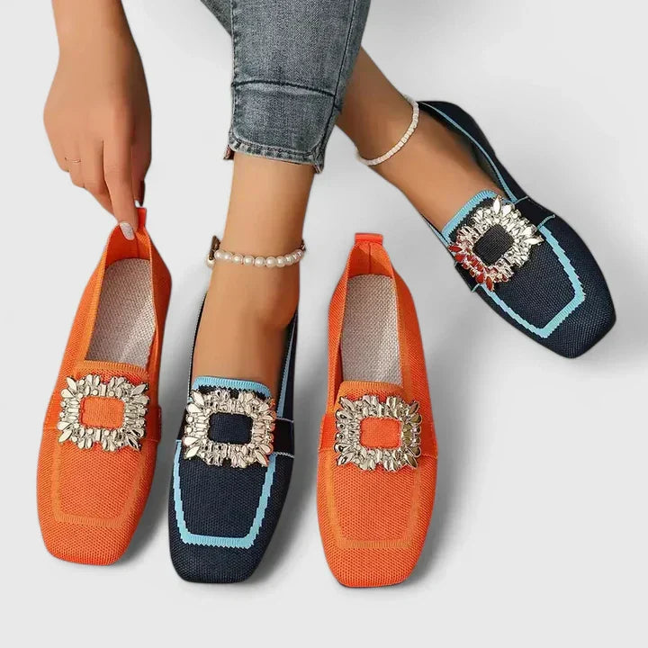 Women's square toe loafers with embellished buckle detail