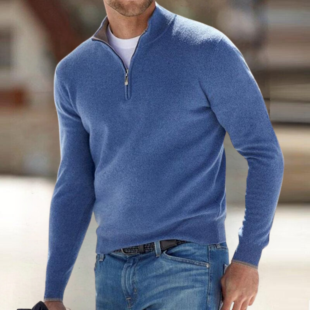 Men's long-sleeved quarter-zip jumper with a raised stand collar