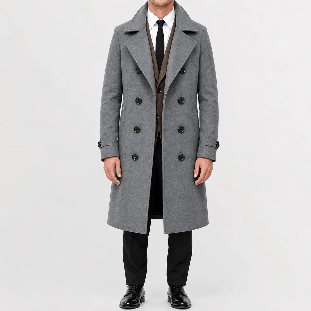Men's long double-breasted trench coat with notched lapels and buttoned cuff tabs