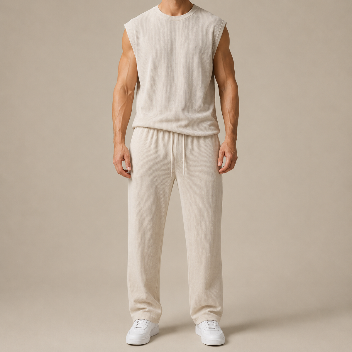 Men's ribbed sleeveless top and full-length trousers set with drawstring waist