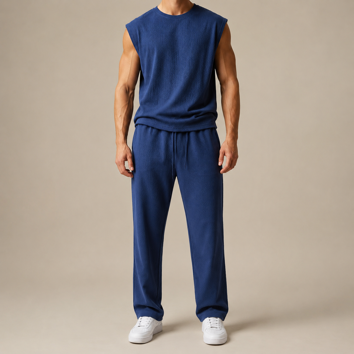 Men's ribbed sleeveless top and full-length trousers set with drawstring waist