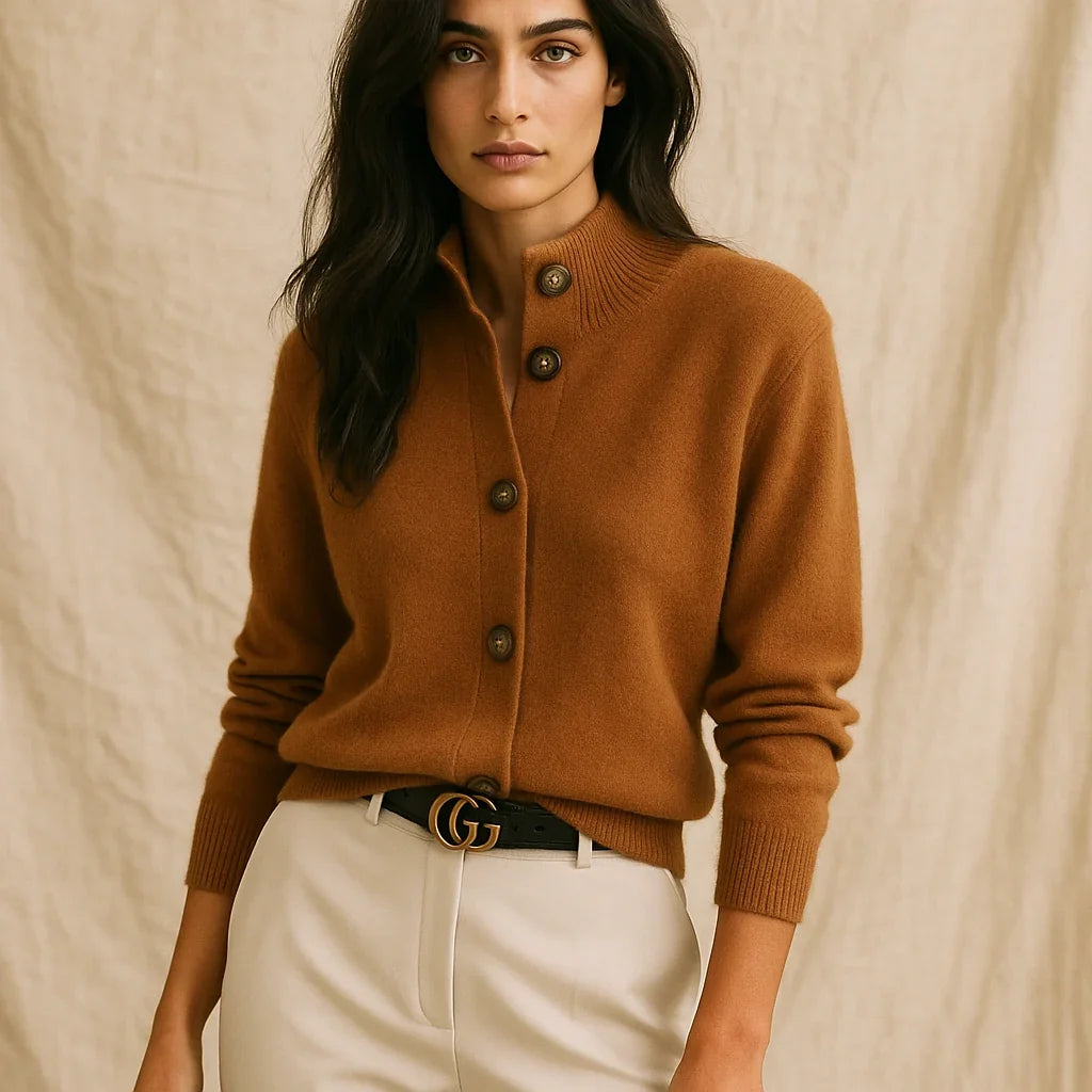 Women's button front cardigan with long sleeves, collar and ribbed trims