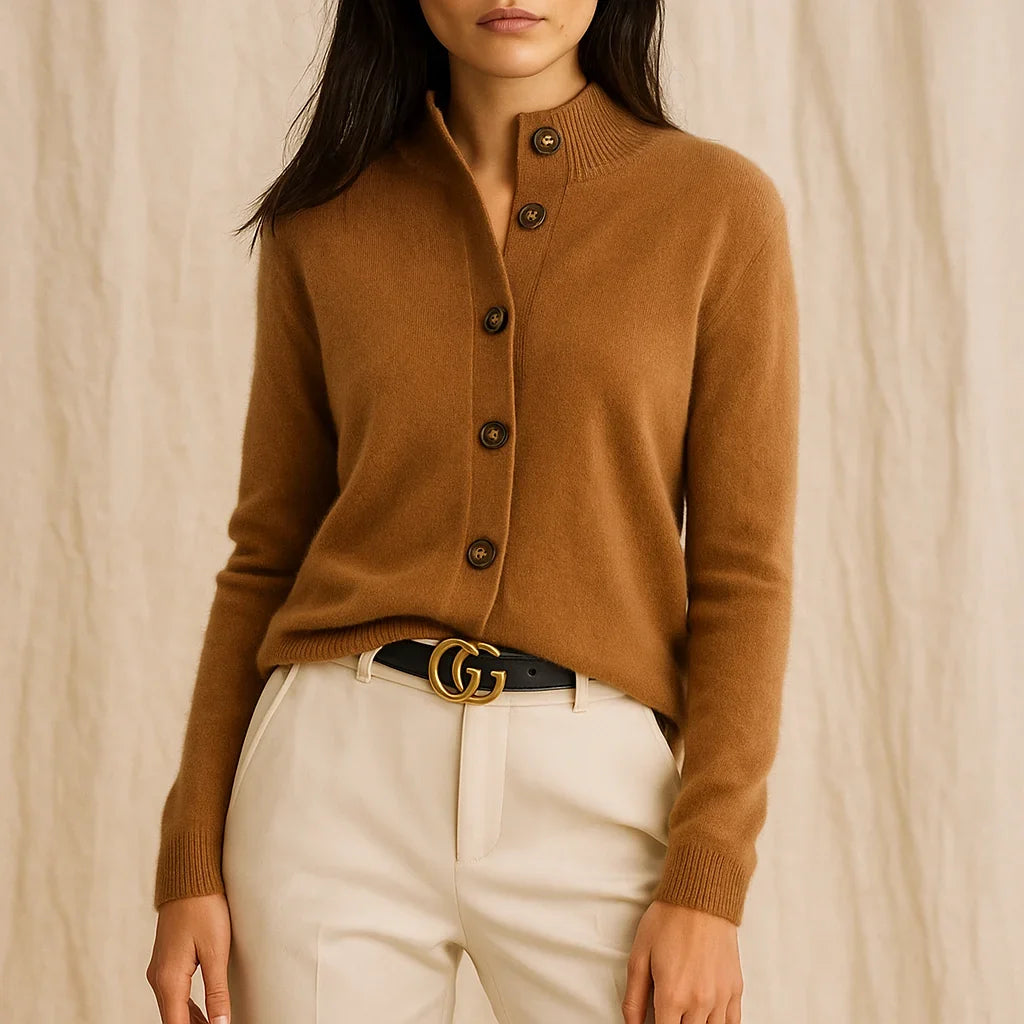 Women's button front cardigan with long sleeves, collar and ribbed trims