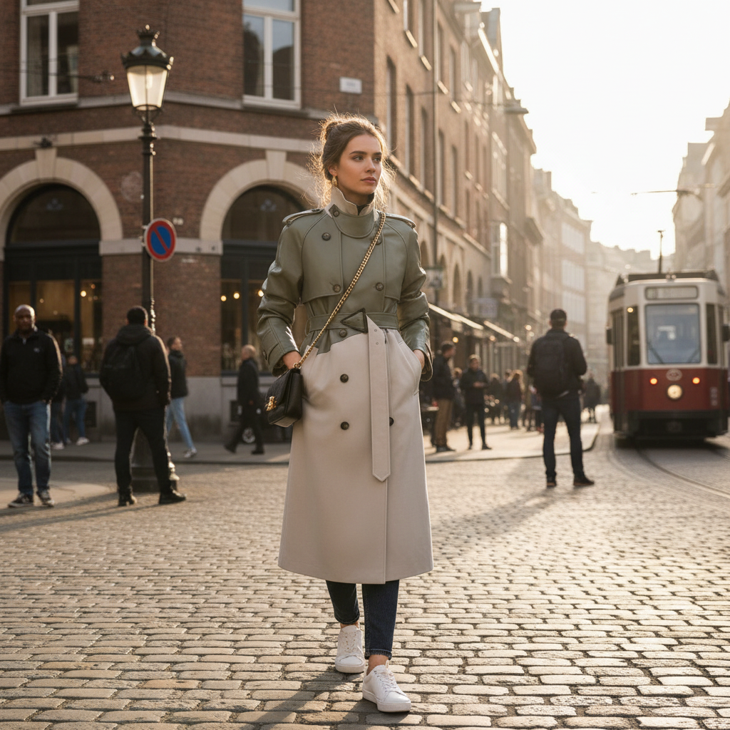 Women's two-tone green-grey and light grey belted midi trench coat