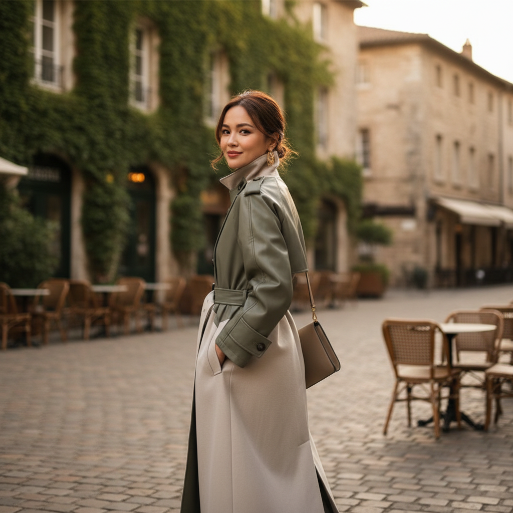 Women's two-tone green-grey and light grey belted midi trench coat