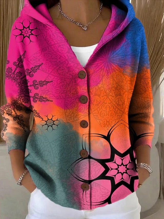 Women's multicoloured abstract hooded cardigan with button front and pockets