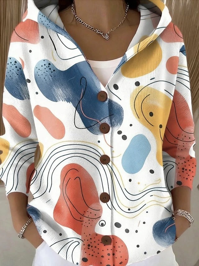 Women's multicoloured abstract hooded cardigan with button front and pockets