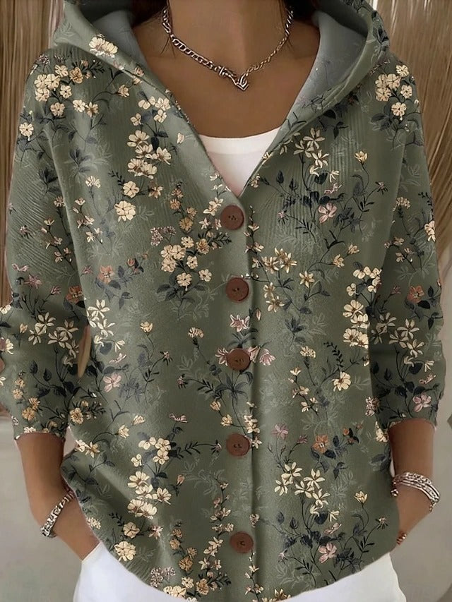 Women's multicoloured abstract hooded cardigan with button front and pockets