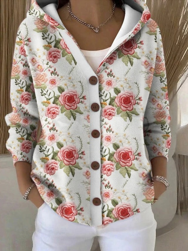 Women's multicoloured abstract hooded cardigan with button front and pockets