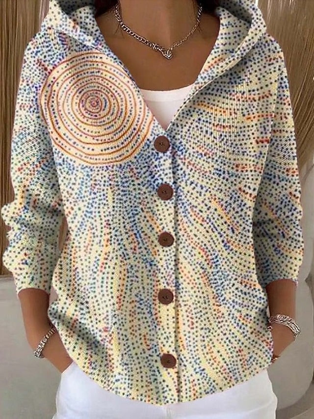 Women's multicoloured abstract hooded cardigan with button front and pockets