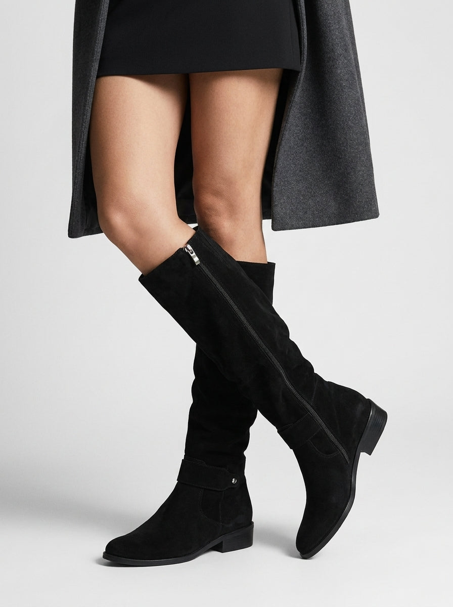 Women's knee-high slouch boots with buckle straps, side zip and low block heels