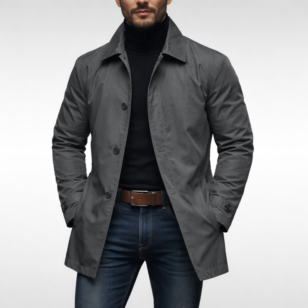 Men's button-front trench coat with notched collar and long sleeves