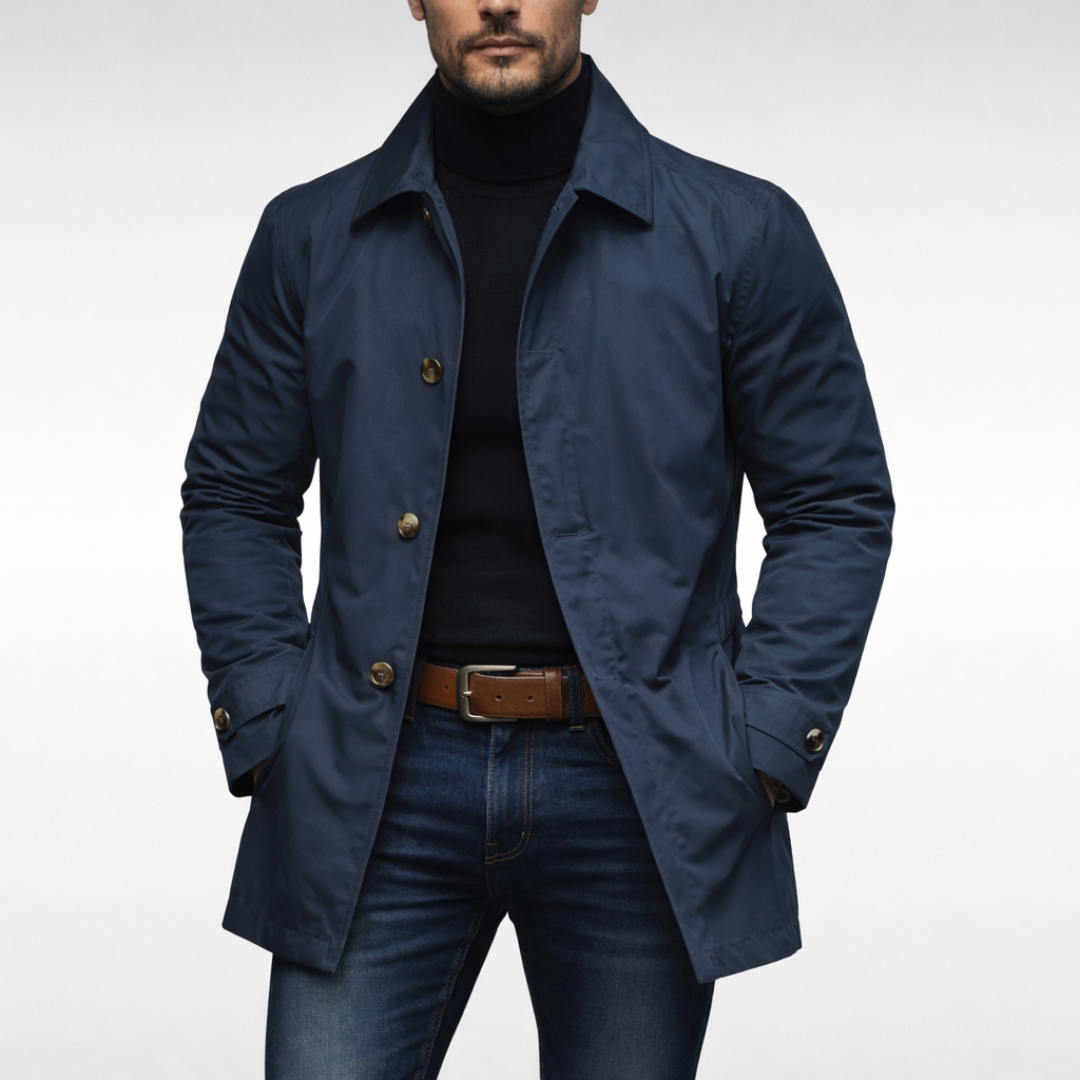 Men's button-front trench coat with notched collar and long sleeves
