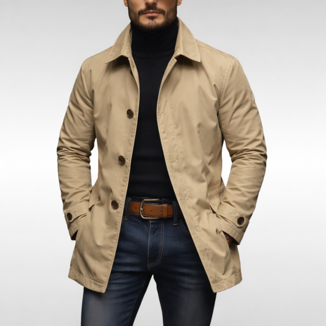 Men's button-front trench coat with notched collar and long sleeves