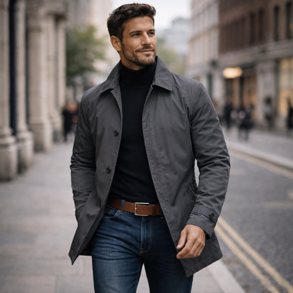 Men's button-front trench coat with notched collar and long sleeves