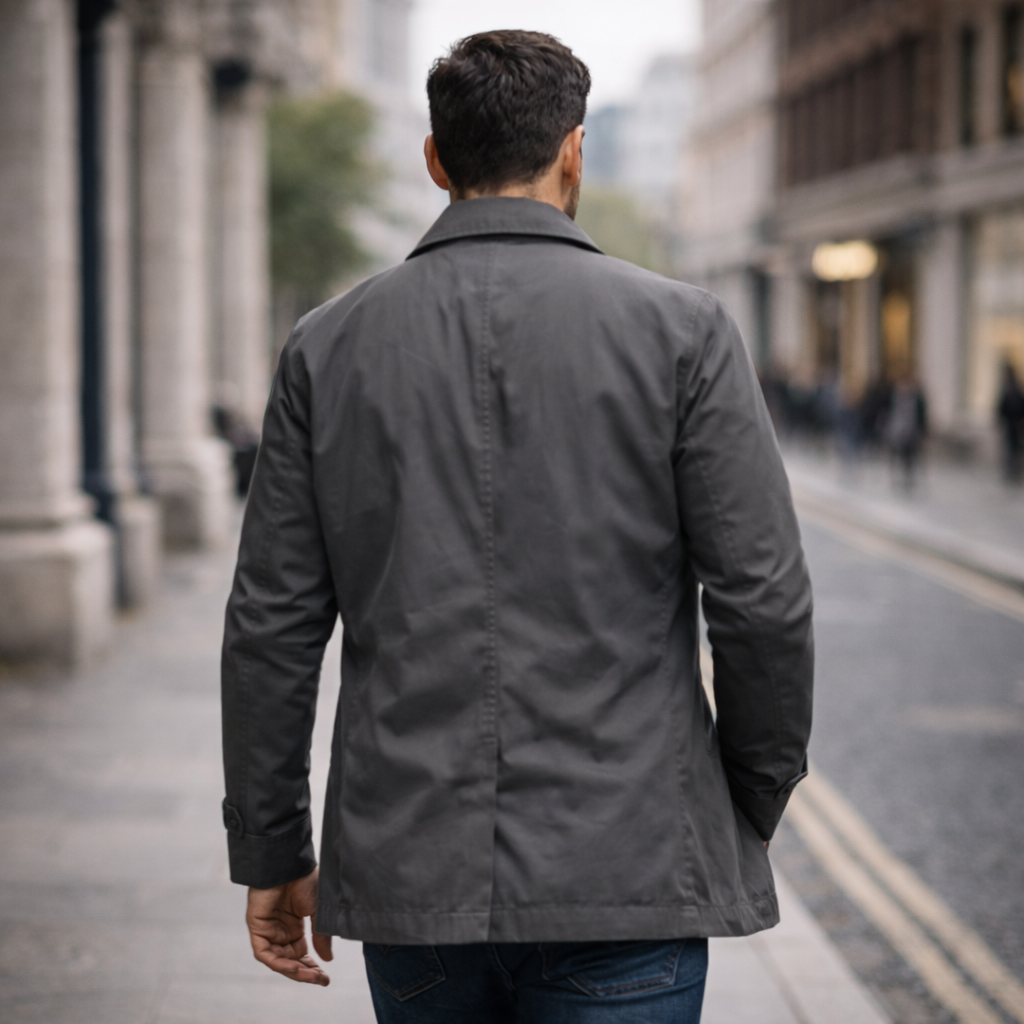 Men's button-front trench coat with notched collar and long sleeves