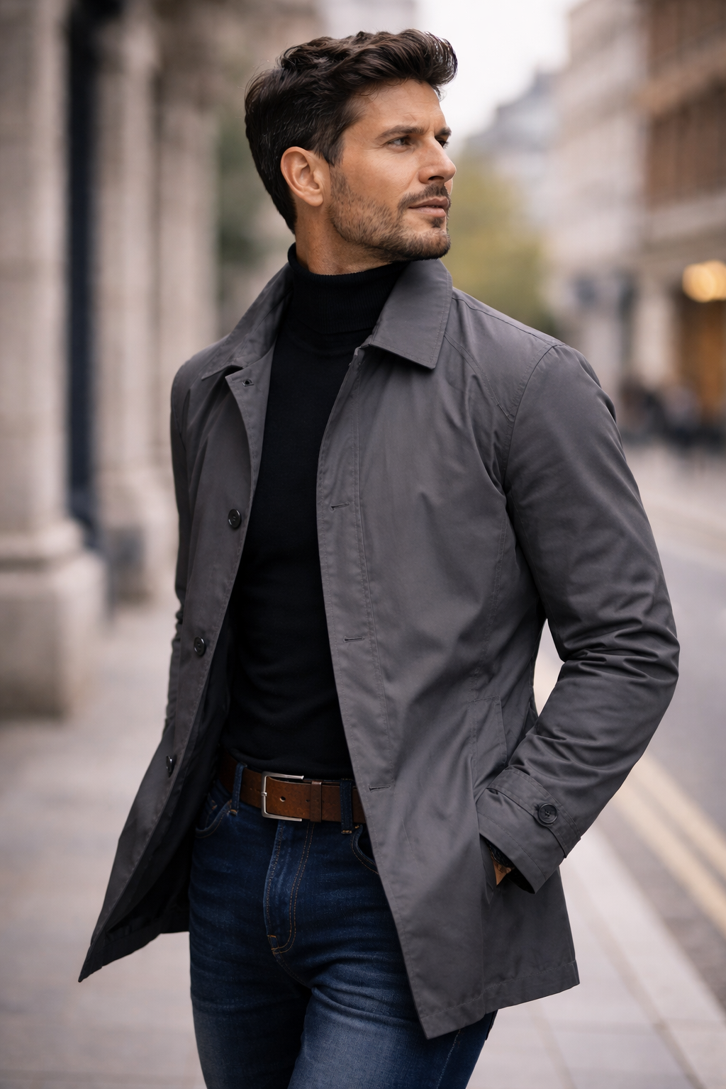 Men's button-front trench coat with notched collar and long sleeves