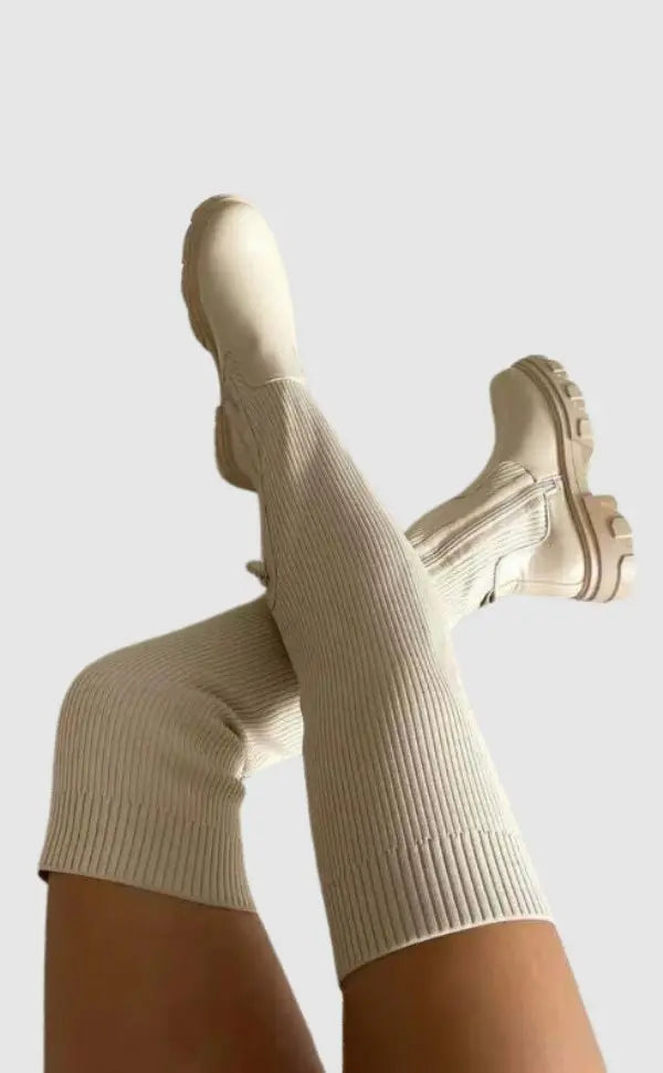 Women's Over-Knee Boots Ribbed Knit Chunky Sole - Beige