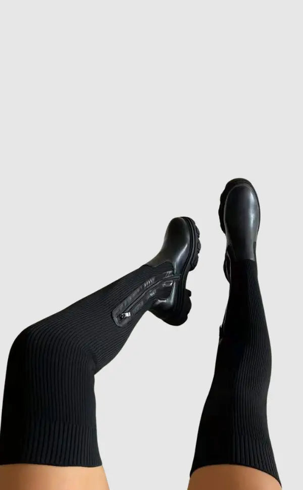 Women's Over-Knee Boots Ribbed Knit Chunky Sole - Black