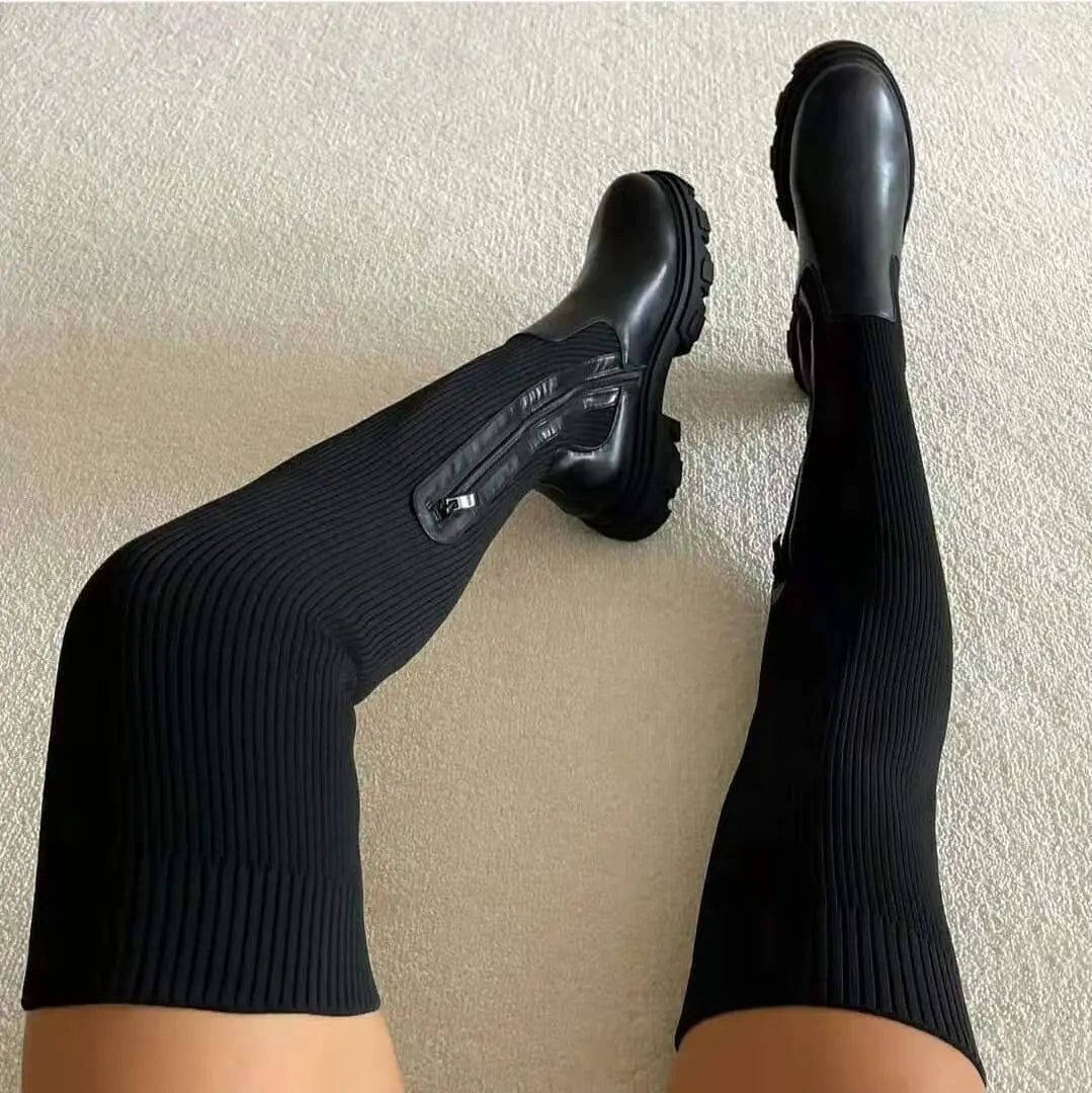 Women's Over-Knee Boots Ribbed Knit Chunky Sole - Black