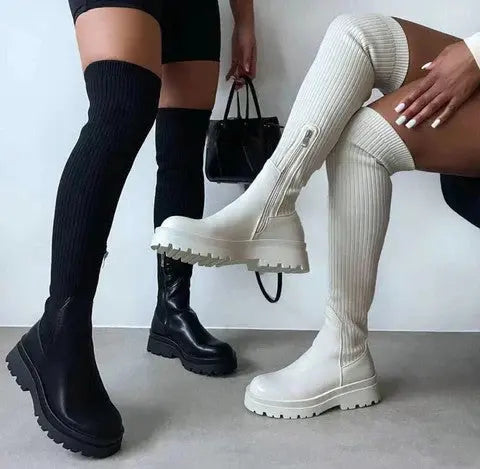 Women's Over-Knee Boots Ribbed Knit Chunky Sole - Beige