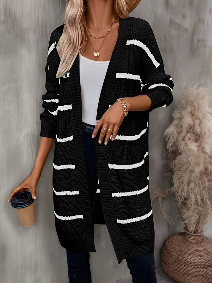 Women's long open-front cardigan with contrasting horizontal stripes