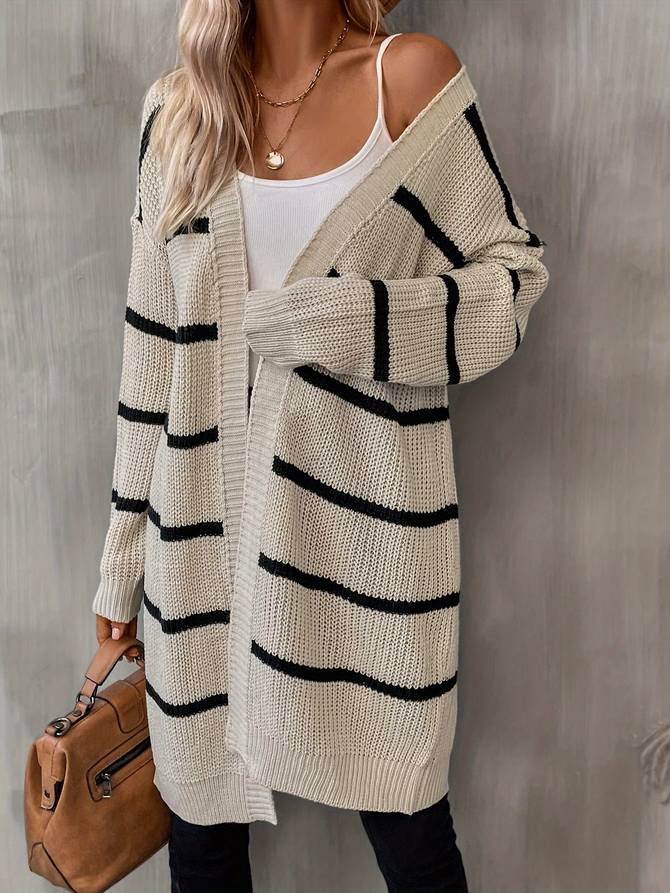 Women's long open-front cardigan with contrasting horizontal stripes