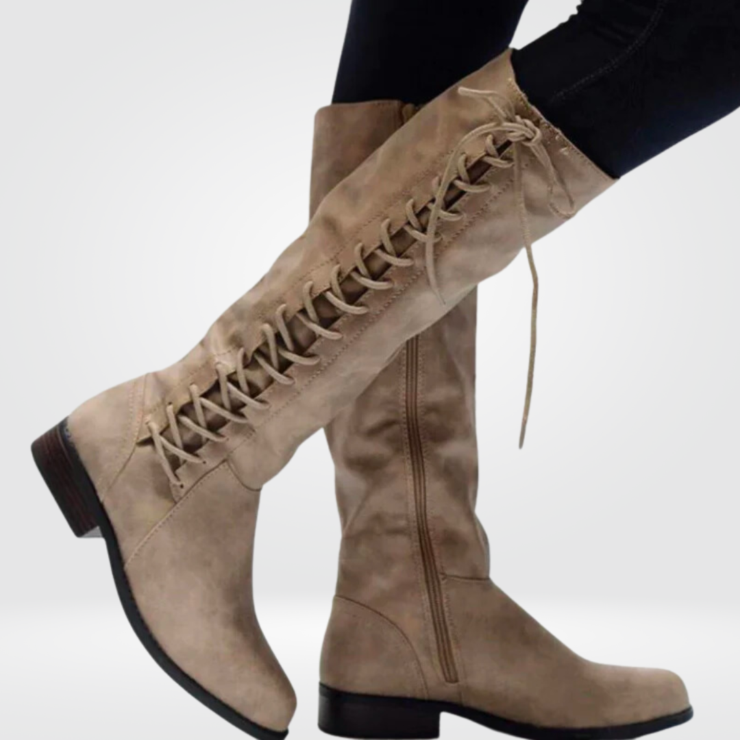 Women's Knee-High Boots Lace-Up Side Detail - Beige