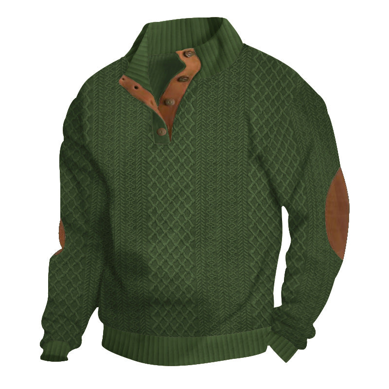 Men's Jumper Cable-Knit Stand Collar Elbow Patch - Green