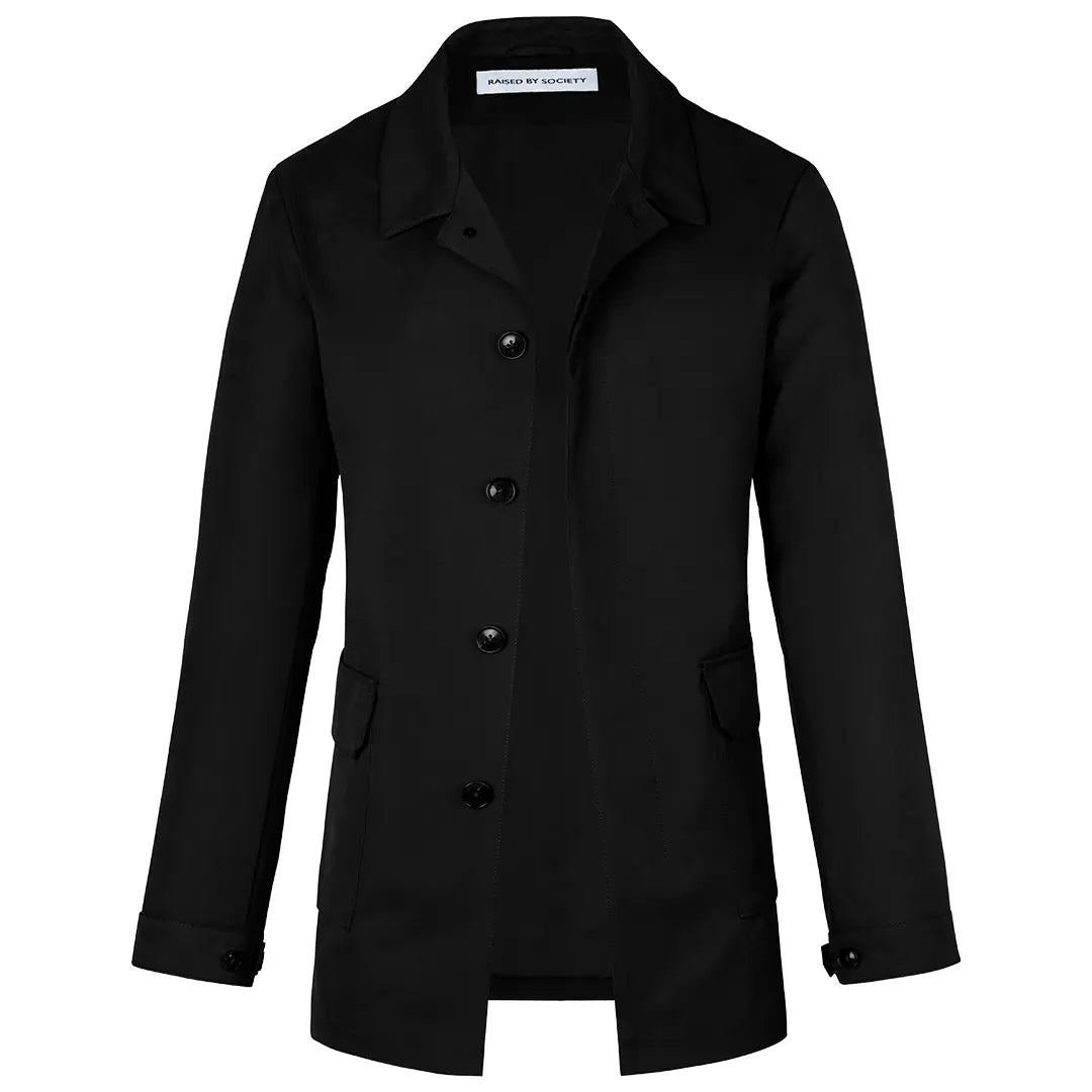 Black men's short trench coat with button front, long sleeves and rear storm flap