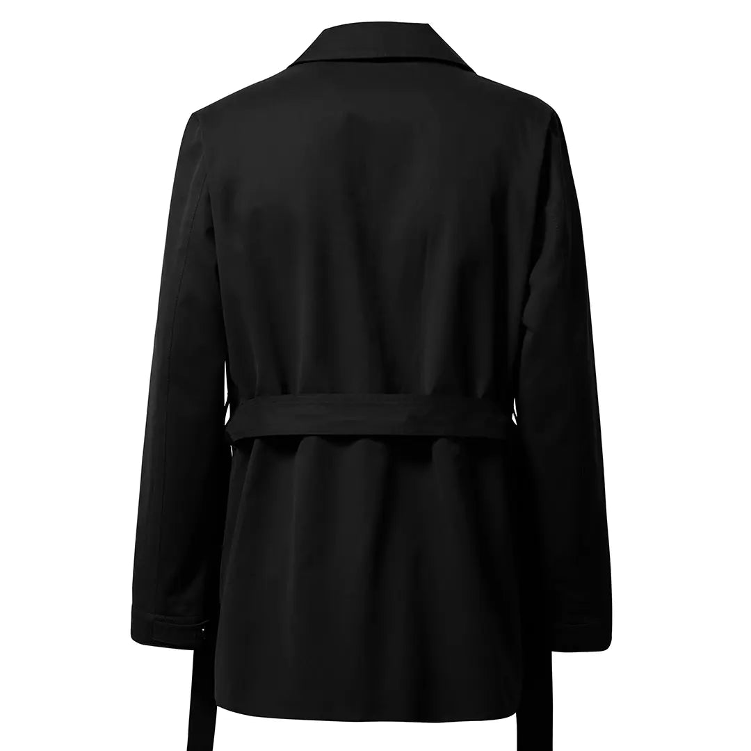 Black men's short trench coat with button front, long sleeves and rear storm flap