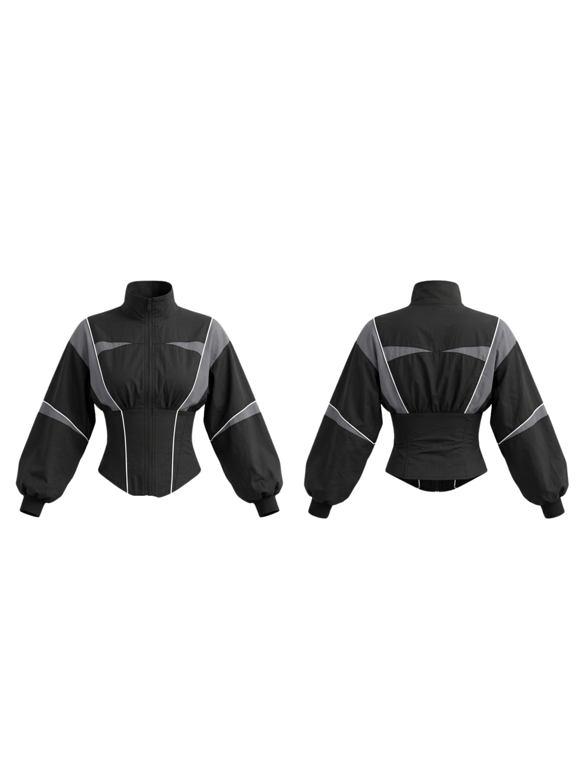 Women's grey and black colour block zip-up jacket with a cinched waist