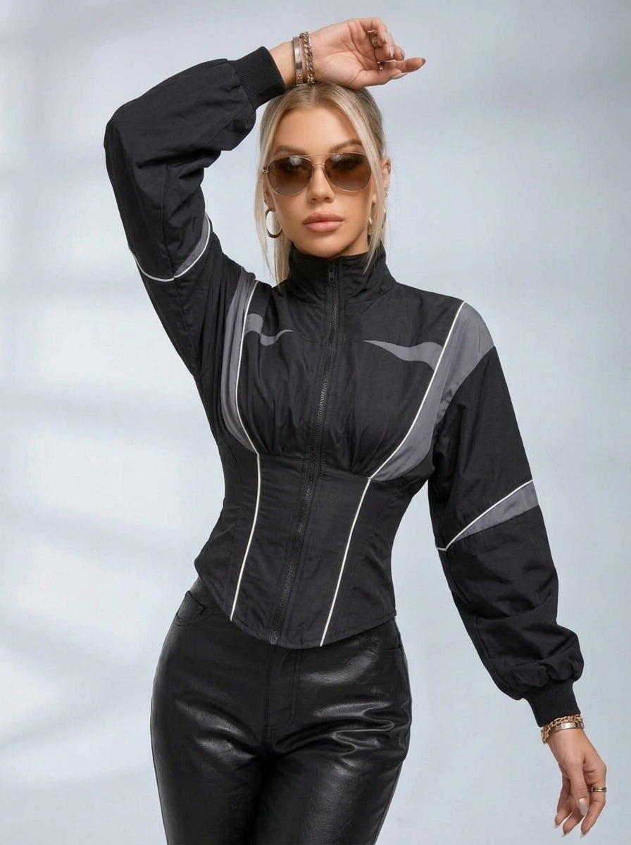 Women's grey and black colour block zip-up jacket with a cinched waist