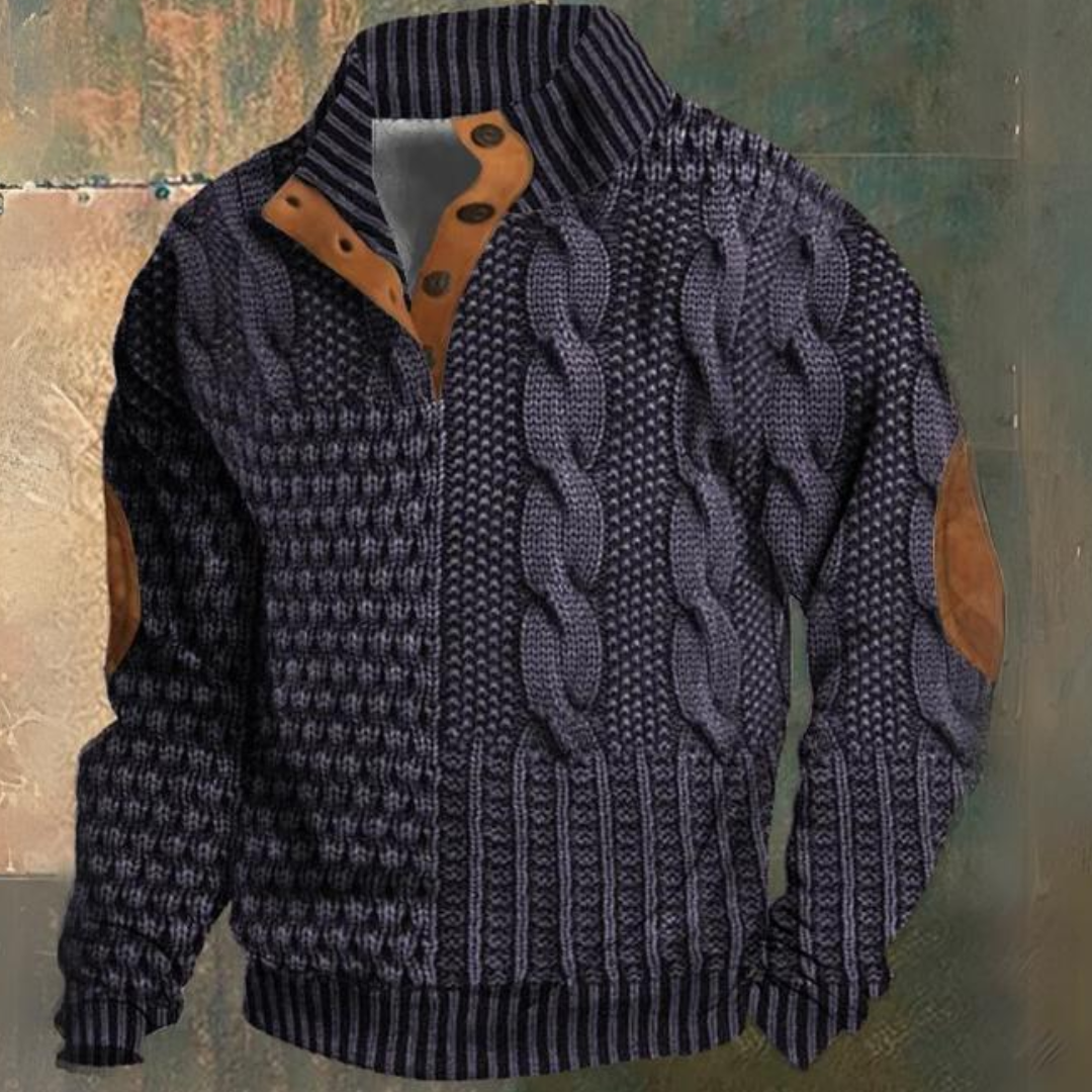Men's textured cable knit sweater with mock neck and button placket