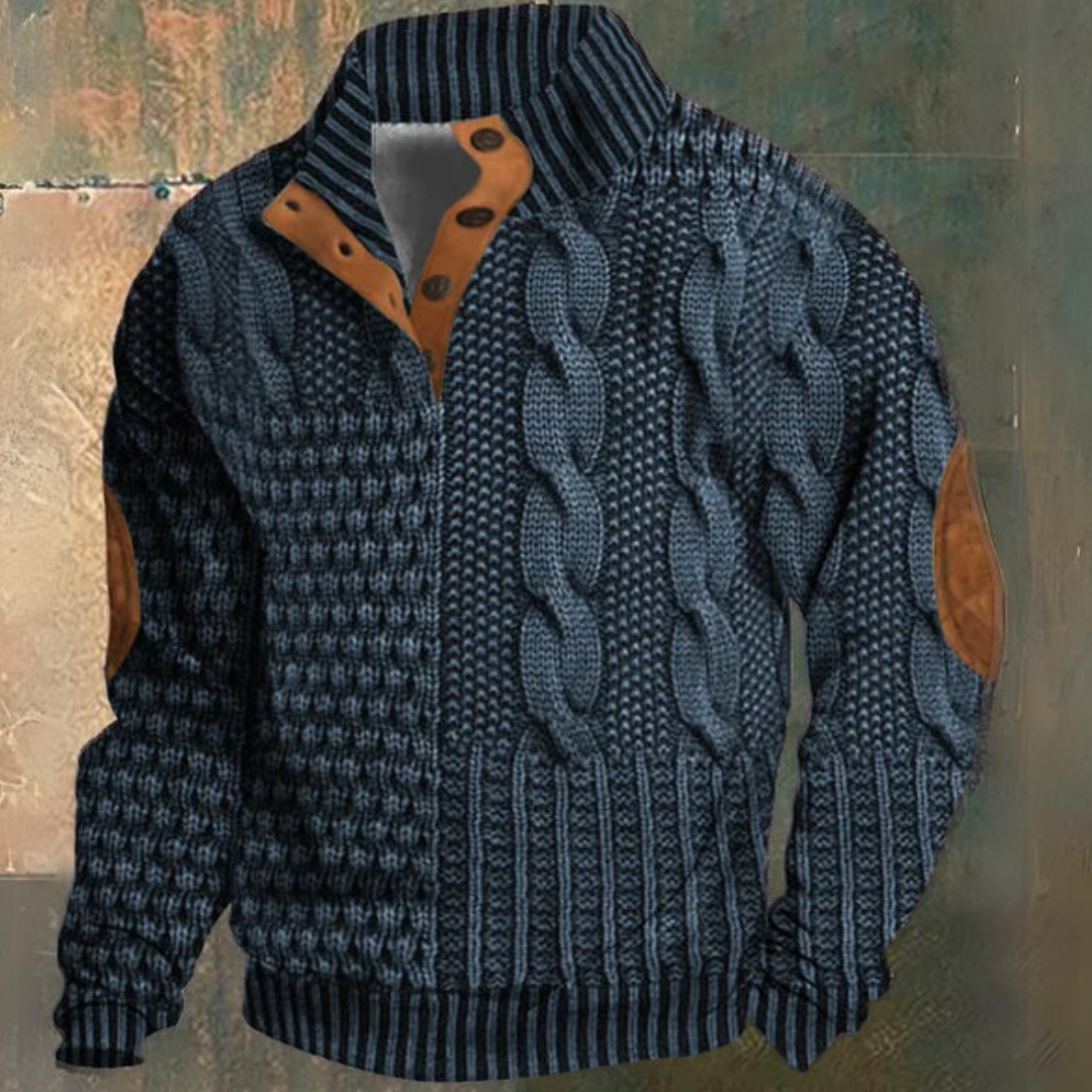 Men's textured cable knit sweater with mock neck and button placket
