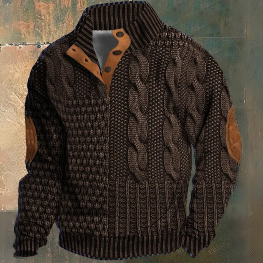Men's textured cable knit sweater with mock neck and button placket