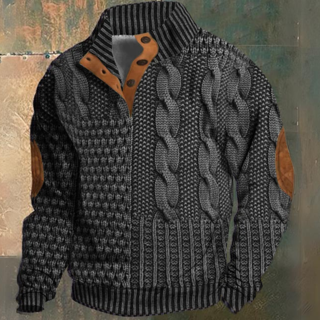Men's textured cable knit sweater with mock neck and button placket