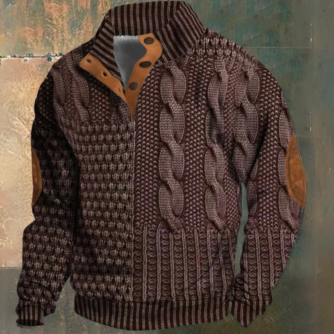 Men's textured cable knit sweater with mock neck and button placket