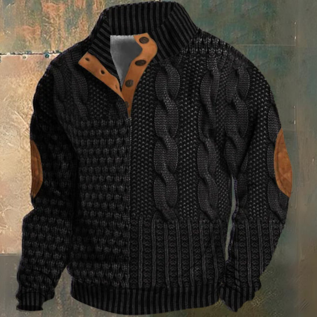 Men's textured cable knit sweater with mock neck and button placket