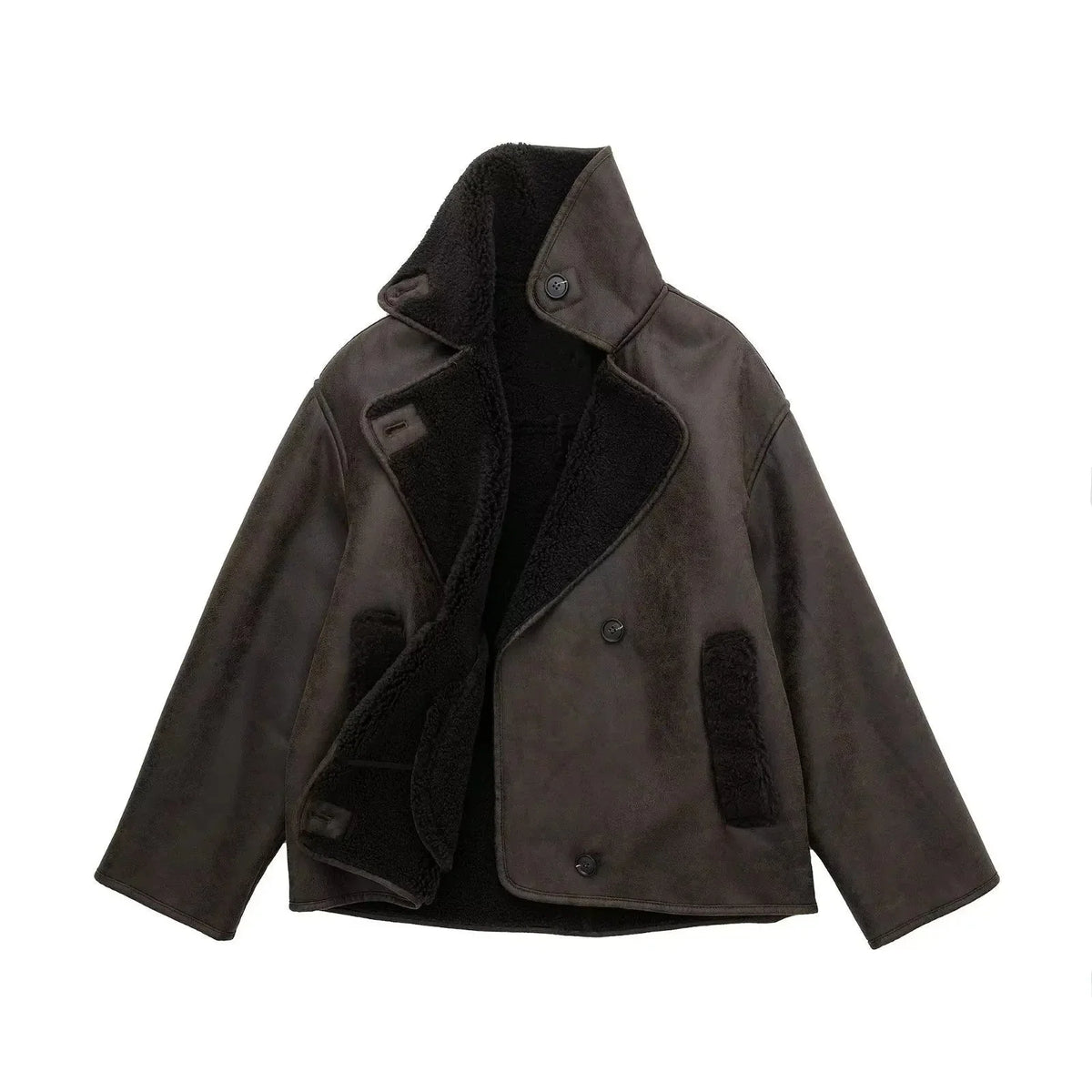 Women's oversized jacket with wide shearling-style collar, long sleeves and front buttons
